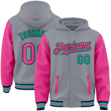 Charger l'image dans la galerie, Custom Gray Pink Black-Aqua Bomber Full-Snap Varsity Letterman Two Tone Hoodie Jacket