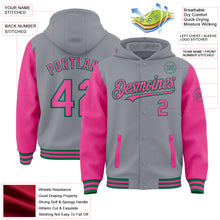 Charger l'image dans la galerie, Custom Gray Pink-Kelly Green Bomber Full-Snap Varsity Letterman Two Tone Hoodie Jacket