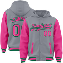 Charger l'image dans la galerie, Custom Gray Pink-Kelly Green Bomber Full-Snap Varsity Letterman Two Tone Hoodie Jacket