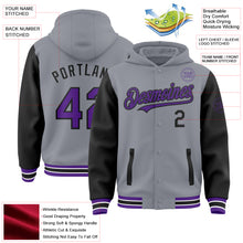 Laden Sie das Bild in den Galerie-Viewer, Custom Gray Purple-Black Bomber Full-Snap Varsity Letterman Two Tone Hoodie Jacket