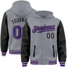 Laden Sie das Bild in den Galerie-Viewer, Custom Gray Purple-Black Bomber Full-Snap Varsity Letterman Two Tone Hoodie Jacket