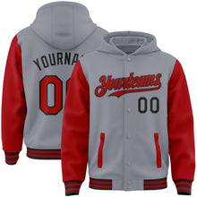 Charger l'image dans la galerie, Custom Gray Red-Black Bomber Full-Snap Varsity Letterman Two Tone Hoodie Jacket