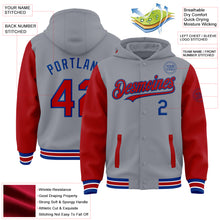 Laden Sie das Bild in den Galerie-Viewer, Custom Gray Red-Royal Bomber Full-Snap Varsity Letterman Two Tone Hoodie Jacket