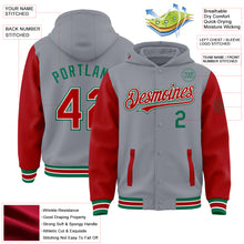 Charger l'image dans la galerie, Custom Gray Red-Kelly Green Bomber Full-Snap Varsity Letterman Two Tone Hoodie Jacket