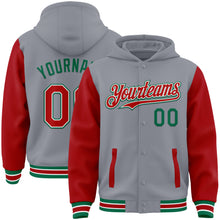 Charger l'image dans la galerie, Custom Gray Red-Kelly Green Bomber Full-Snap Varsity Letterman Two Tone Hoodie Jacket