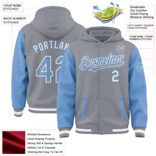 Laden Sie das Bild in den Galerie-Viewer, Custom Gray Light Blue-White Bomber Full-Snap Varsity Letterman Two Tone Hoodie Jacket