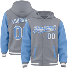 Laden Sie das Bild in den Galerie-Viewer, Custom Gray Light Blue-White Bomber Full-Snap Varsity Letterman Two Tone Hoodie Jacket