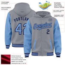 Laden Sie das Bild in den Galerie-Viewer, Custom Gray Light Blue-Navy Bomber Full-Snap Varsity Letterman Two Tone Hoodie Jacket