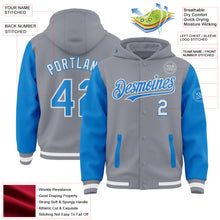 Laden Sie das Bild in den Galerie-Viewer, Custom Gray Powder Blue-White Bomber Full-Snap Varsity Letterman Two Tone Hoodie Jacket