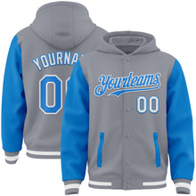 Laden Sie das Bild in den Galerie-Viewer, Custom Gray Powder Blue-White Bomber Full-Snap Varsity Letterman Two Tone Hoodie Jacket