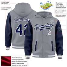 Load image into Gallery viewer, Custom Gray Navy-White Bomber Full-Snap Varsity Letterman Two Tone Hoodie Jacket
