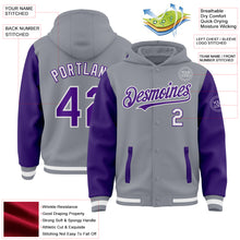 Charger l'image dans la galerie, Custom Gray Purple-White Bomber Full-Snap Varsity Letterman Two Tone Hoodie Jacket