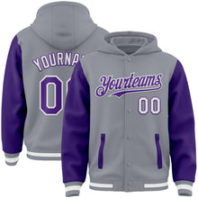 Charger l'image dans la galerie, Custom Gray Purple-White Bomber Full-Snap Varsity Letterman Two Tone Hoodie Jacket
