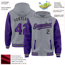 Charger l'image dans la galerie, Custom Gray Purple-Black Bomber Full-Snap Varsity Letterman Two Tone Hoodie Jacket