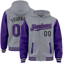 Charger l'image dans la galerie, Custom Gray Purple-Black Bomber Full-Snap Varsity Letterman Two Tone Hoodie Jacket