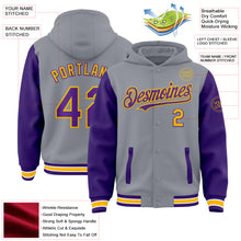 Charger l'image dans la galerie, Custom Gray Purple-Gold Bomber Full-Snap Varsity Letterman Two Tone Hoodie Jacket