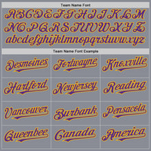 Charger l'image dans la galerie, Custom Gray Purple-Gold Bomber Full-Snap Varsity Letterman Two Tone Hoodie Jacket