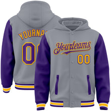 Charger l'image dans la galerie, Custom Gray Purple-Gold Bomber Full-Snap Varsity Letterman Two Tone Hoodie Jacket