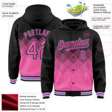 Charger l'image dans la galerie, Custom Black Pink-Light Blue Gradient Square Shape 3D Pattern Design Bomber Full-Snap Varsity Letterman Hoodie Jacket