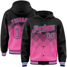 Charger l'image dans la galerie, Custom Black Pink-Light Blue Gradient Square Shape 3D Pattern Design Bomber Full-Snap Varsity Letterman Hoodie Jacket
