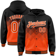 Charger l'image dans la galerie, Custom Black Orange-White Gradient Square Shape 3D Pattern Design Bomber Full-Snap Varsity Letterman Hoodie Jacket