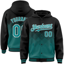 Charger l'image dans la galerie, Custom Black Teal-White Gradient Square Shape 3D Pattern Design Bomber Full-Snap Varsity Letterman Hoodie Jacket