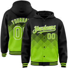 Charger l'image dans la galerie, Custom Black Neon Green-White Gradient Square Shape 3D Pattern Design Bomber Full-Snap Varsity Letterman Hoodie Jacket