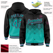 Laden Sie das Bild in den Galerie-Viewer, Custom Black Aqua-Pink Gradient Square Shape 3D Pattern Design Bomber Full-Snap Varsity Letterman Hoodie Jacket