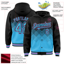 Charger l'image dans la galerie, Custom Black Sky Blue-Pink Gradient Square Shape 3D Pattern Design Bomber Full-Snap Varsity Letterman Hoodie Jacket