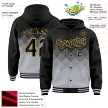 Charger l'image dans la galerie, Custom Black Gray-Old Gold Gradient Square Shape 3D Pattern Design Bomber Full-Snap Varsity Letterman Hoodie Jacket