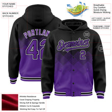 Charger l'image dans la galerie, Custom Black Purple-White Gradient Square Shape 3D Pattern Design Bomber Full-Snap Varsity Letterman Hoodie Jacket