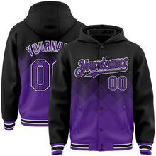 Charger l'image dans la galerie, Custom Black Purple-White Gradient Square Shape 3D Pattern Design Bomber Full-Snap Varsity Letterman Hoodie Jacket