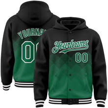 Charger l'image dans la galerie, Custom Black Kelly Green-White Gradient Square Shape 3D Pattern Design Bomber Full-Snap Varsity Letterman Hoodie Jacket