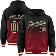 Charger l'image dans la galerie, Custom Black Maroon-Cream Gradient Square Shape 3D Pattern Design Bomber Full-Snap Varsity Letterman Hoodie Jacket