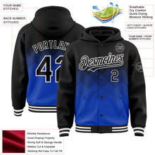 Charger l'image dans la galerie, Custom Black Thunder Blue-White Gradient Square Shape 3D Pattern Design Bomber Full-Snap Varsity Letterman Hoodie Jacket