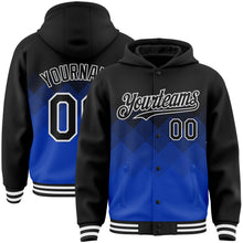 Charger l'image dans la galerie, Custom Black Thunder Blue-White Gradient Square Shape 3D Pattern Design Bomber Full-Snap Varsity Letterman Hoodie Jacket