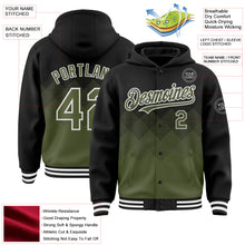Charger l'image dans la galerie, Custom Black Olive-White Gradient Square Shape 3D Pattern Design Bomber Full-Snap Varsity Letterman Hoodie Jacket