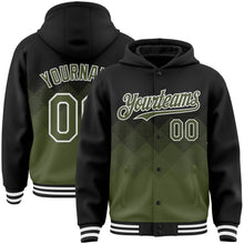 Charger l'image dans la galerie, Custom Black Olive-White Gradient Square Shape 3D Pattern Design Bomber Full-Snap Varsity Letterman Hoodie Jacket