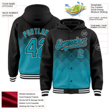 Charger l'image dans la galerie, Custom Black Teal-White Gradient Square Shape 3D Pattern Design Bomber Full-Snap Varsity Letterman Hoodie Jacket