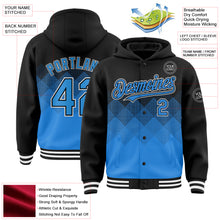 Charger l'image dans la galerie, Custom Black Powder Blue-White Gradient Square Shape 3D Pattern Design Bomber Full-Snap Varsity Letterman Hoodie Jacket