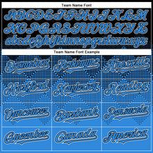 Charger l'image dans la galerie, Custom Black Powder Blue-White Gradient Square Shape 3D Pattern Design Bomber Full-Snap Varsity Letterman Hoodie Jacket