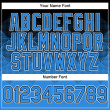 Charger l'image dans la galerie, Custom Black Powder Blue-White Gradient Square Shape 3D Pattern Design Bomber Full-Snap Varsity Letterman Hoodie Jacket