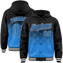 Charger l'image dans la galerie, Custom Black Powder Blue-White Gradient Square Shape 3D Pattern Design Bomber Full-Snap Varsity Letterman Hoodie Jacket