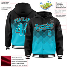Charger l'image dans la galerie, Custom Black Lakes Blue-White Gradient Square Shape 3D Pattern Design Bomber Full-Snap Varsity Letterman Hoodie Jacket