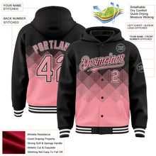 Charger l'image dans la galerie, Custom Black Medium Pink-White Gradient Square Shape 3D Pattern Design Bomber Full-Snap Varsity Letterman Hoodie Jacket