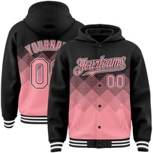 Charger l'image dans la galerie, Custom Black Medium Pink-White Gradient Square Shape 3D Pattern Design Bomber Full-Snap Varsity Letterman Hoodie Jacket