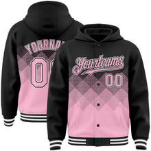 Charger l'image dans la galerie, Custom Black Light Pink-White Gradient Square Shape 3D Pattern Design Bomber Full-Snap Varsity Letterman Hoodie Jacket