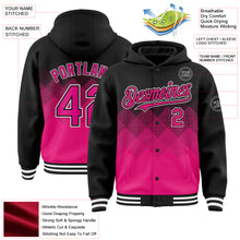 Charger l'image dans la galerie, Custom Black Hot Pink-White Gradient Square Shape 3D Pattern Design Bomber Full-Snap Varsity Letterman Hoodie Jacket