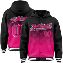 Charger l'image dans la galerie, Custom Black Hot Pink-White Gradient Square Shape 3D Pattern Design Bomber Full-Snap Varsity Letterman Hoodie Jacket