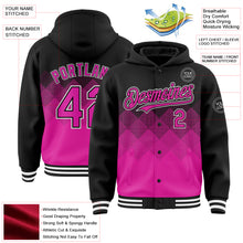 Charger l'image dans la galerie, Custom Black Deep Pink-White Gradient Square Shape 3D Pattern Design Bomber Full-Snap Varsity Letterman Hoodie Jacket